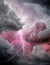 Image of lightning and stormy grey and pink clouds, abstract, backgrounds