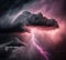 Image of lightning and stormy grey and pink clouds, abstract, backgrounds