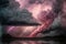 Image of lightning and stormy grey and pink clouds, abstract, backgrounds