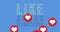 Image of like share subscribe text over heart icons on blue background