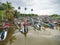 Image of lots of traditional wooden fishing boats in the ocean harbor at Sri Lanka