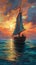 Image of a majestic sailing vessel with the sun dipping below the horizon in the background