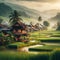 image of Malay village houses along the paddy field with beautiful distance views.