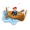 Image of a man of advanced age floating in a pond. Cartoon.