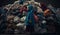 Image of a man with a big pile of garbage,stands among the piles of plastic waste looking for food and shelter, Concept of saving