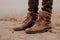 Image of mans legs in old boots. Concept of selling shoes. Autumn time. Horizontal view. Outdoor shot. Footwear