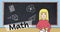 Image of math text over schoolgirl icon over blackboard