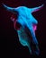 Image of menacing bull skull with color light on black background. Halloween holiday decoration concept image