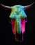 Image of menacing bull skull with color light on black background. Halloween holiday decoration concept image