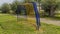 Image of a metal soccer goal in blue and yellow color