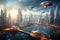 An image of a modern cityscape with a futuristic bridge stretching across a flowing river, A futuristic city skyline full of