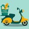 Image of a moped with a package of products for food delivery. Fast online delivery service