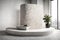 An image of a mosaic podium in a minimalist, contemporary setting,