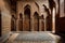 An image of a mosaic podium in a traditional Moroccan riad, highlighting the intricate geometric mosaic patterns and the