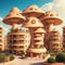 image of a multilevel mushroom apartment complex with an Pueblo style inspiration