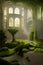 image of the mysterious atmosphere outdoor or indoor room of an old abandoned manor building covered in moss and plants.