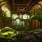 image of the mysterious atmosphere outdoor or indoor room of an old abandoned manor building covered in moss and plants.
