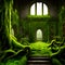 image of the mysterious atmosphere outdoor or indoor room of an old abandoned manor building covered in moss and plants.