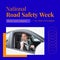 Image of national road safety week over caucasian businessman fastening belts in car