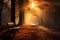 Image Natures beauty autumn forest in fog with sunlight streaming through