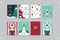 Image with New Year's cards. Postcard with Christmas tree and elves, Santa, gingerbread man and caramels, bunny, elf