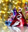 Image of New years eve celebration with hats on a shiny table top