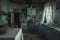 An image of an old-fashioned kitchen featuring a wooden table and chairs, showcasing a nostalgic ambiance, A terrifying