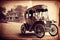 An image of an old-fashioned transportation vehicle, like a steam train, captured in a vintage setting and filtered to