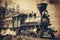 An image of an old-fashioned transportation vehicle, like a steam train, captured in a vintage setting and filtered to