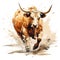 Image of painting brown cow running on white background. Farm animals. Illustration, Generative AI