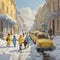 image of the painting showing children on a snowy Eastern European street with sky-blue and yellow mood.