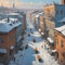 image of the painting showing children on a snowy Eastern European street with sky-blue and yellow mood.