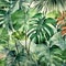 Image is painting of tropical scene, featuring several large green leaves and palm trees. These plants are painted in