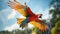 Image of a Parrot Flying in the Sky. Generative AI.