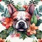 Image of pattern design using bulldog head and flowers and leaves. Pet. Animals. Illustration, Generative AI