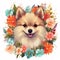 Image of pattern design using pomeranian dog and flowers and leaves. Pet. Animals. Illustration, Generative AI