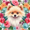 Image of pattern design using pomeranian dog and flowers and leaves. Pet. Animals. Illustration, Generative AI