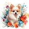 Image of pattern design using pomeranian dog and flowers and leaves. Pet. Animals. Illustration, Generative AI