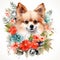 Image of pattern design using pomeranian dog and flowers and leaves. Pet. Animals. Illustration, Generative AI