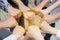 Image of people putting their fists together by having a fist in the middle as symbol of unity and achievement, top view.