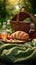 Image Picnic basket with croissants and jam on a green blanket