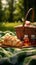Image Picnic basket with croissants and jam on a green blanket