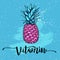 Image with pink pineapple, lettering vitamin on blue background. Print for t-shirt, graphic element for your design