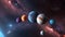 an image of planets in space solar system arrangement, with red milkyways on it and bright blue shine light