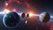 an image of planets in space solar system arrangement, with ring and red milkyway and stars