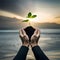 Image of a plant rooted in black soil, cradled in hands against the backdrop of water and a breathtaking sunset. Generative AI