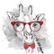 Image Portrait giraffe in the cravat and with glasses. Hand draw vector illustration.