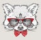 Image Portrait raccoon in the cravat and with glasses. Hand draw vector illustration.