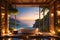 image portrays a stone bathroom balcony, with a luxurious tub