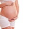 Image of pregnant woman touching her big belly. Close up. Beautiful body of pregnant woman. Motherhood, pregnancy, people and exp